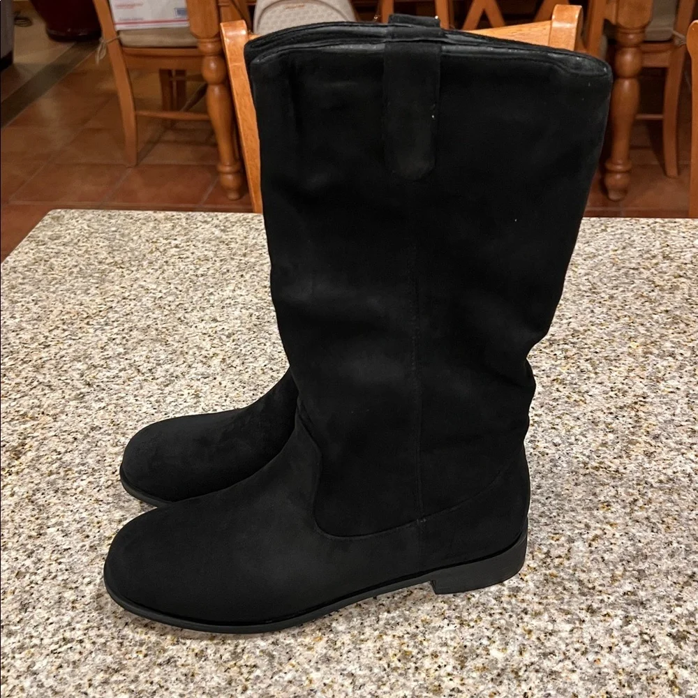 Flat Heel Western Boots Round Toe Suede Mid Calf Cowboy Boots Wide Calf Pull On